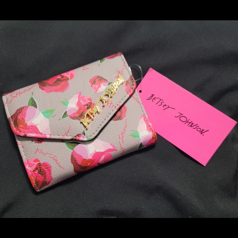 NWT Betsey Johnson wallet gray w/pink floral, tri fold, six pocket